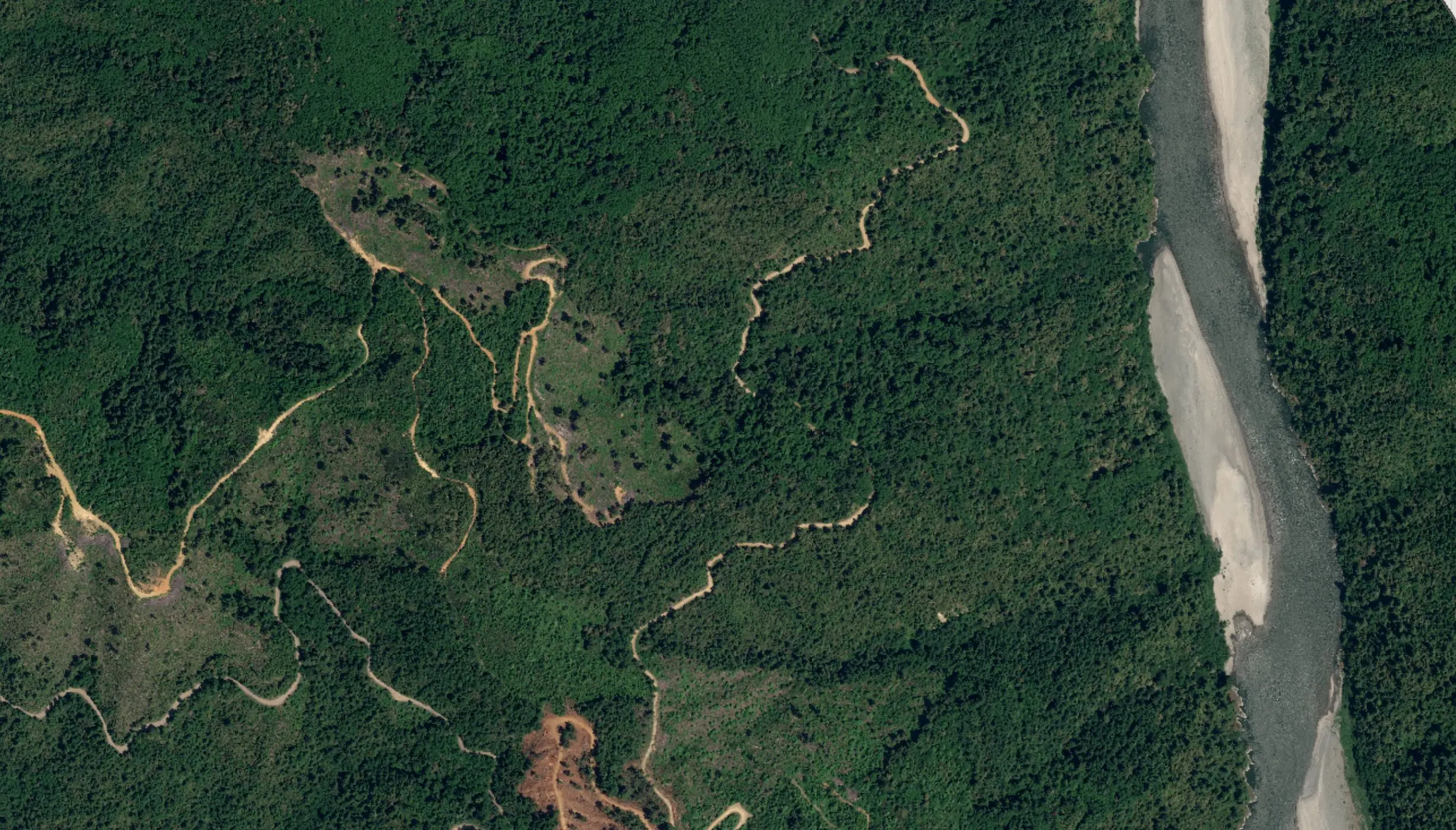 Aerial view of a river winding through forested landscape